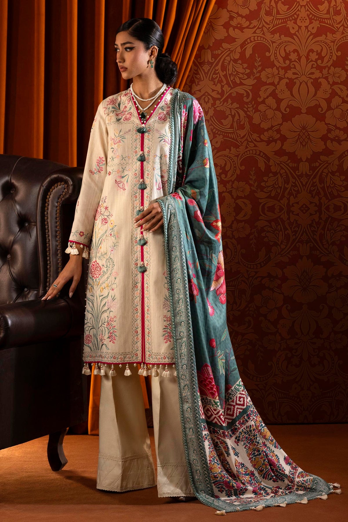 Sana Safinaz Embroidered Slub Suits Unstitched 3 Piece M243-010A-3AP – Luxury Winter Collection
