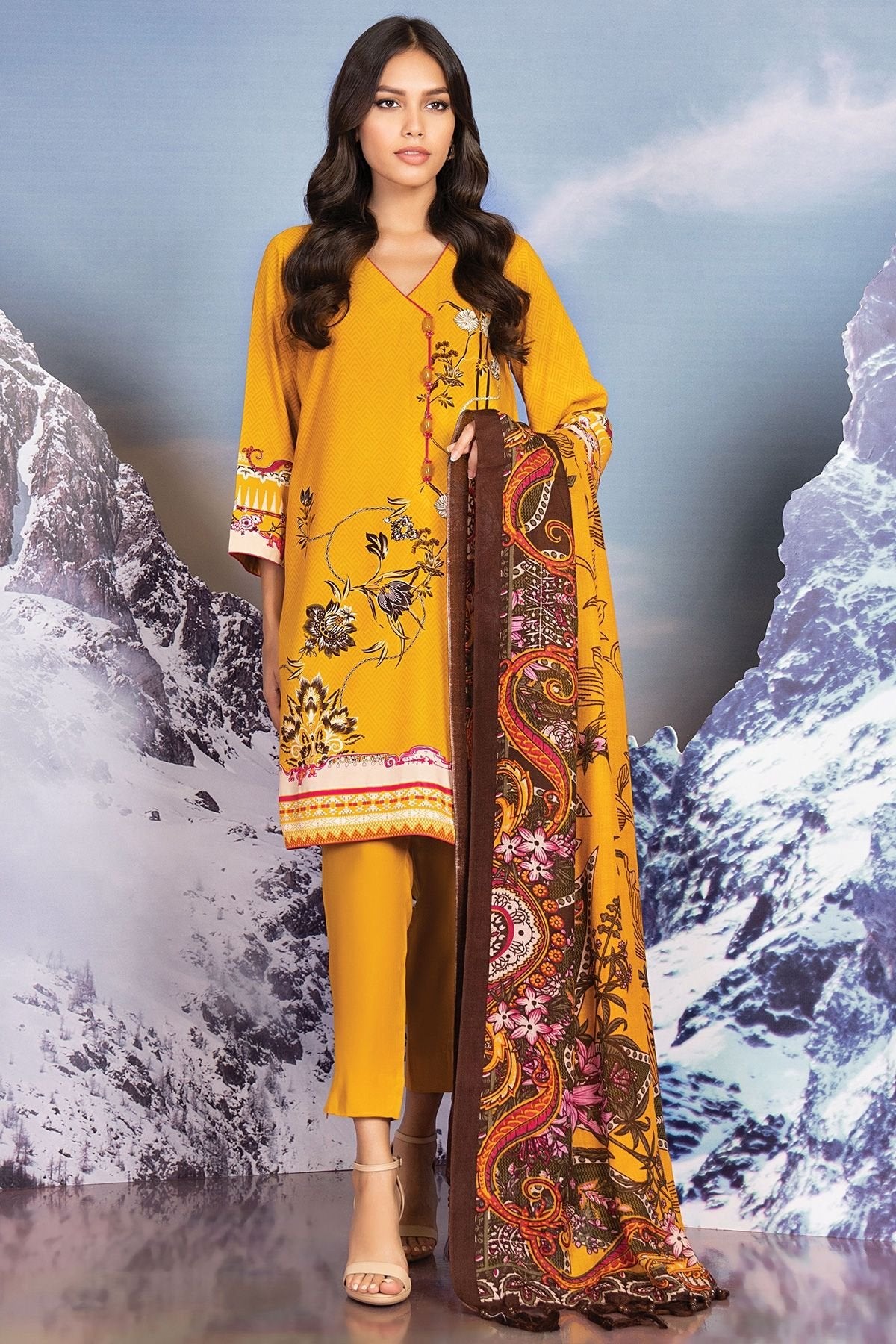 Al-Karam Winter 3 Pc Printed Viscose Suit With Printed Shawl – FW-18-21-Yellow