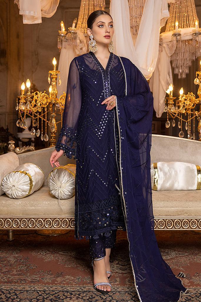 Merakish - Navy Blue – Embroidered Chiffon 3Pc Suit