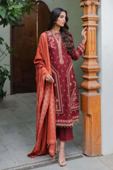 Qalamkar - Embroidered Leather Peach Suits - Unstitched 3 Piece Collection