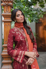 Qalamkar - Embroidered Leather Peach Suits - Unstitched 3 Piece Collection