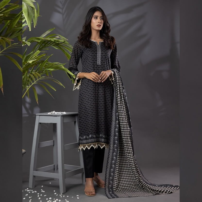 Black And White Digital Printed 3pc Unstitched Suit KC-733